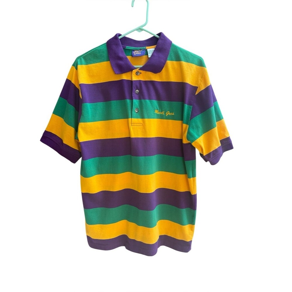Vintage Y2K Mardi Gras Colorful Striped Embroidered Polo Shirt Men’s Sz L
